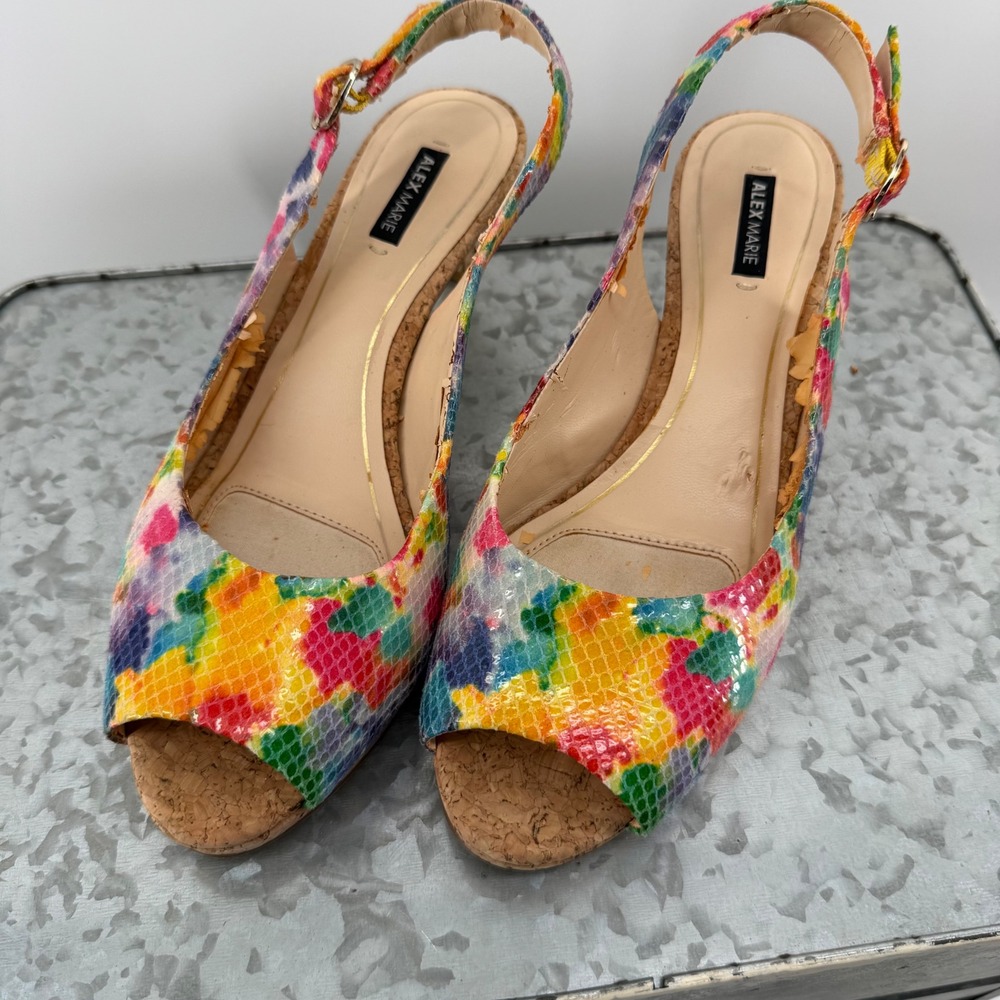 Alex Marie Womens Multi Color Snakeskin Peep Toe Slingback Kitten Heels Size 8M